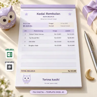 Template Nota Burung Hantu Excel A5 Dua Bahasa dengan Total Otomatis