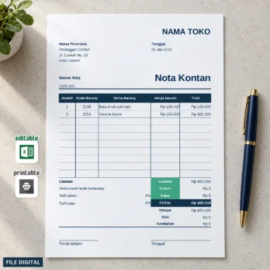 Template Nota Kontan Excel A5 dengan Diskon Pajak dan Kembalian Otomatis