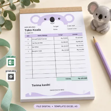 Template Nota Koala Excel A5 Dua Bahasa dengan Total Otomatis