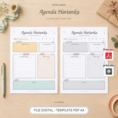 Agenda Harian A4 Memo Manis - Daily Planner Doodle PDF Vektor 2 Bahasa