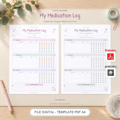 Medication Tracker A4 Rutin Teratur - Catatan Obatku PDF Vektor 2 Bahasa