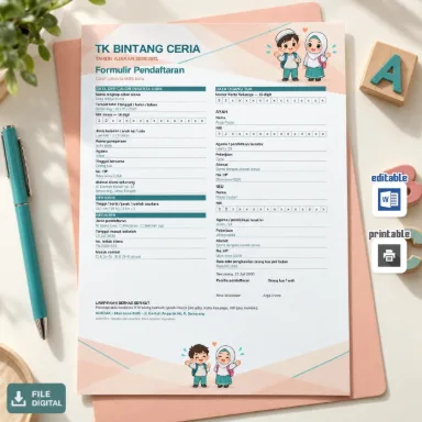 Formulir Pendaftaran TK Dua Kolom Word A4 Indonesia Inggris