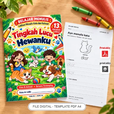 Buku Belajar Menulis Tingkah Lucu Hewanku - Latihan Menulis Kata dan Kalimat PDF A4