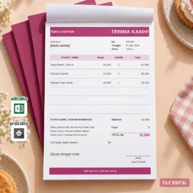 Template Nota Manis Excel A5 Pink untuk Usaha Makanan dan Dessert