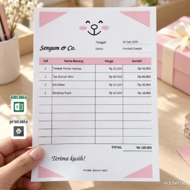 Template Nota Senyum Excel A5 Dua Bahasa dengan Total Otomatis