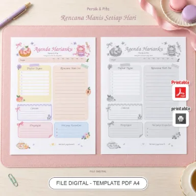 Agenda Harian A4 Persik & Pita - Planner Pastel PDF 2 Bahasa