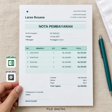 Template Nota Pembayaran Teal Excel A5 dengan Diskon dan Pajak Otomatis
