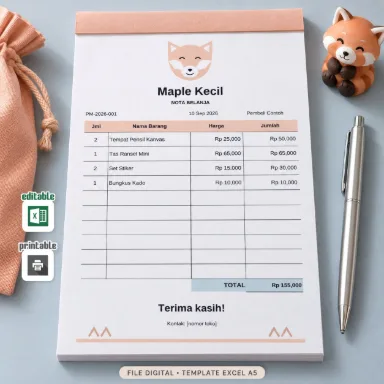 Template Nota Panda Merah Excel A5 Dua Bahasa dengan Total Otomatis