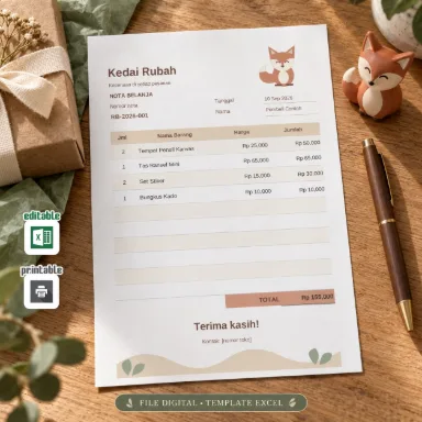 Template Nota Rubah Excel A5 Dua Bahasa dengan Total Otomatis
