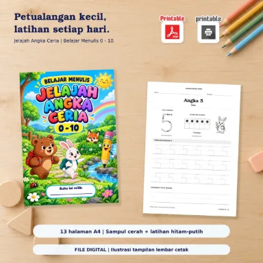 Buku Belajar Menulis Angka 0-10 PDF A4 - Jelajah Angka Ceria, 13 Halaman