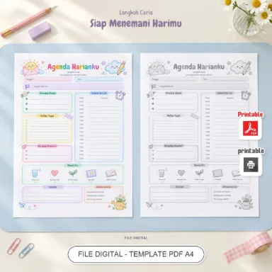 Agenda Harian A4 Langkah Ceria - Planner Pastel PDF 2 Bahasa