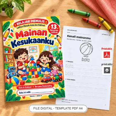 Buku Belajar Menulis Mainan Kesukaanku - Latihan Menulis Kata dan Kalimat PDF A4