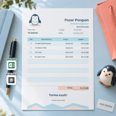 Template Nota Penguin Excel A5 Dua Bahasa dengan Total Otomatis