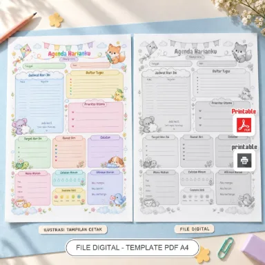 Agenda Harian A4 Pelangi Ceria - Planner Kawaii PDF 2 Bahasa
