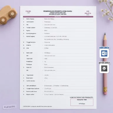 Formulir PPDB Kelompok Bermain Word A4 Dua Bahasa dengan Lampiran KK