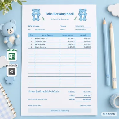 Template Nota Beruang Biru Pastel Excel A5 Dua Bahasa dengan Diskon Otomatis