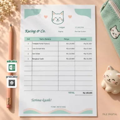 Template Nota Kucing Excel A5 Dua Bahasa dengan Total Otomatis