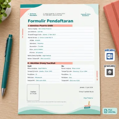 Formulir Pendaftaran SD Word A4 Indonesia dan English dengan Contoh Isian
