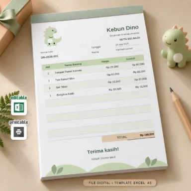 Template Nota Dino Excel A5 Dua Bahasa dengan Total Otomatis